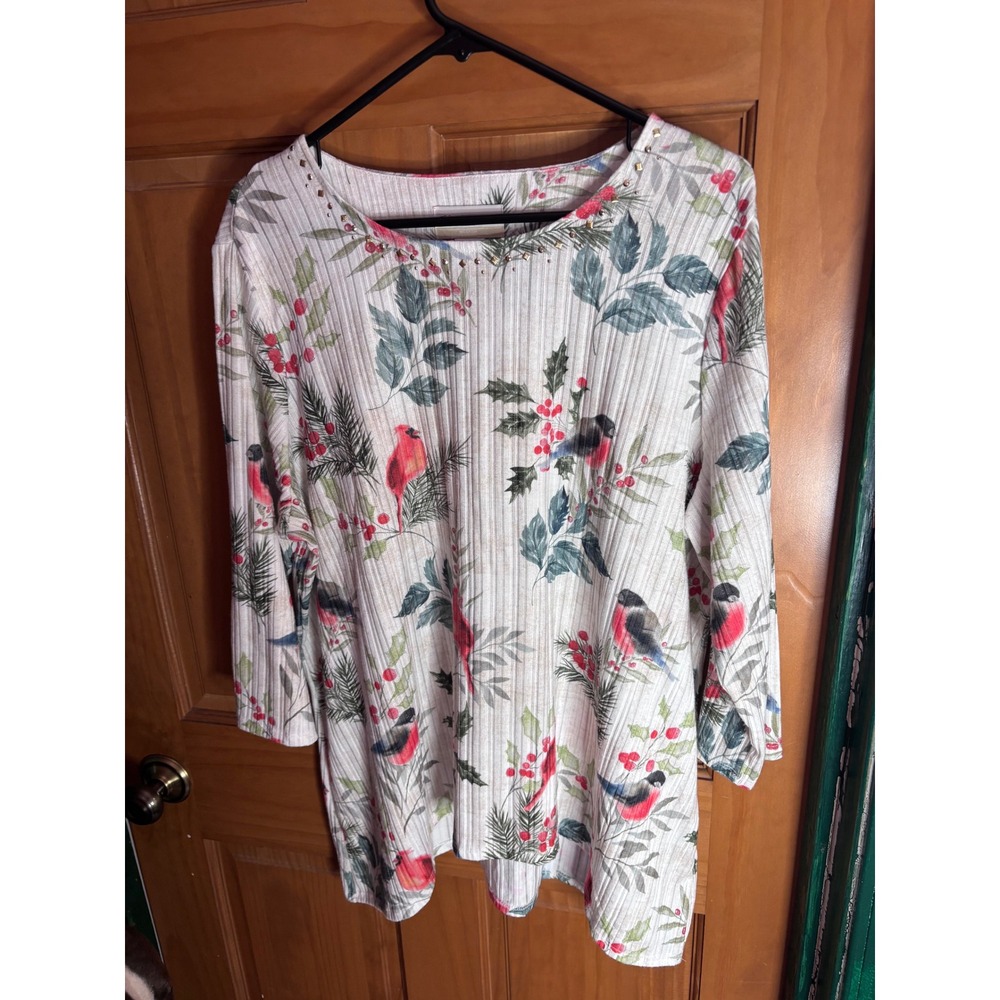 Alfred Dunner Woman Cardinal Bird Christmas Ribbed Tunic Top Studded Neck 1X